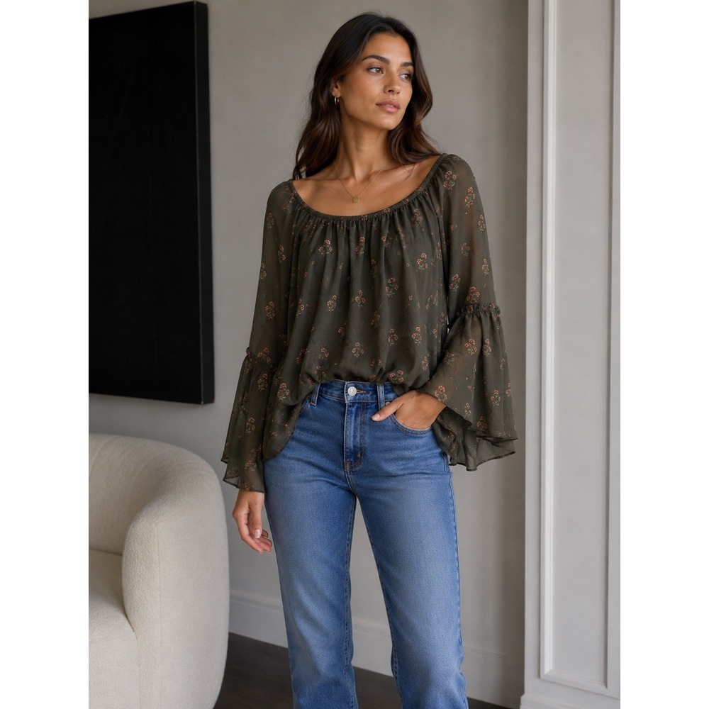 White House Black Market Olive Green Floral Off Shoulder‎ Bell Sleeve Blouse S